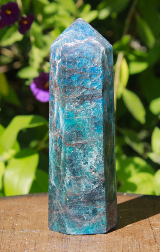 Blue Apatite said to offer confidence in expressing ideas; throat and third eye chakra work