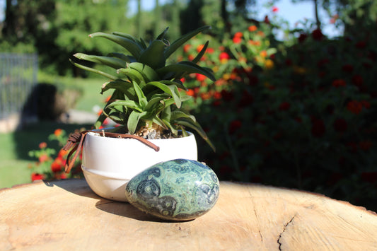 Kambaba Jasper Egg stimulates the root and heart chakras; offers immune system boost