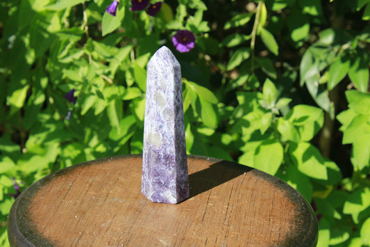 Lepidolite works with heart and crown chakras; dissipates depression