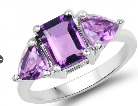 Amethyst ring with emerald and trillion cuts; February birthstone