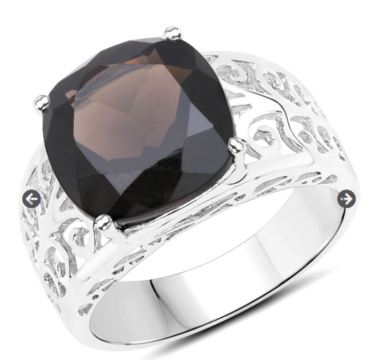 brown smoky quartz and ornate silver ring; grounding and detoxifying