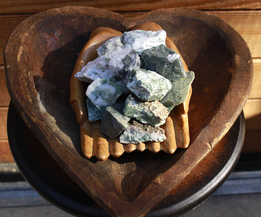 Tree Agate known for stability and grounding properties; heart and root chakra work