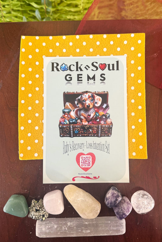 Loss and Grief Recovery Crystal Intention Set featuring Rose Quartz, Green Aventurine, Pyrite, Clear Quartz, Citrine, Lepidolite, and Selenite for emotional healing and comfort.