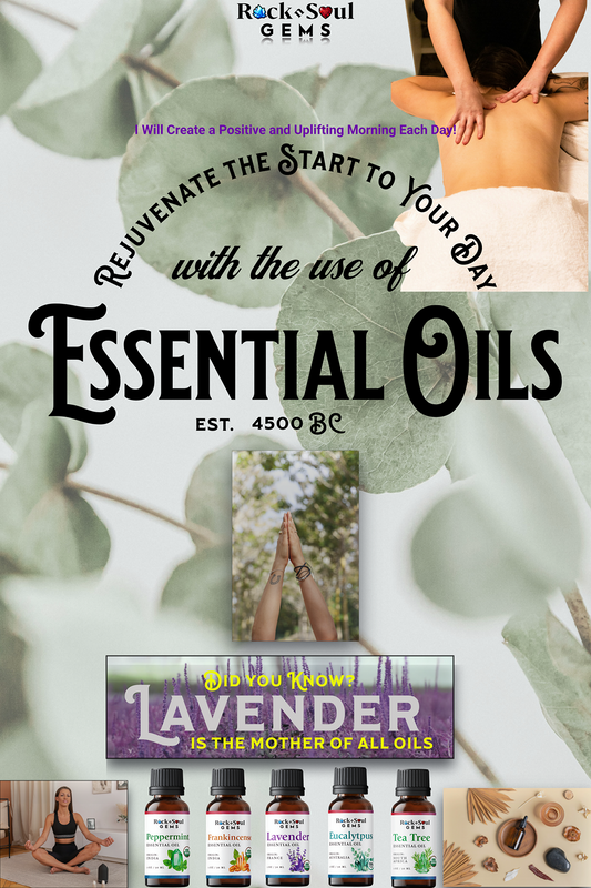 Five amber glass bottles of essential oils including Peppermint, Lavender, Eucalyptus, Lemon, and Frankincense 