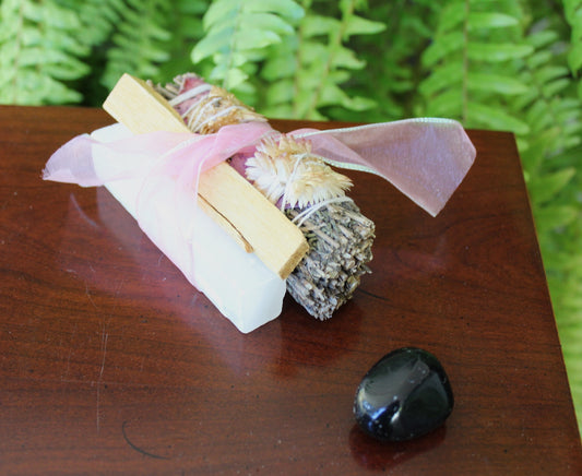 Intention Sets - Lavender with dried flowers and Palo Santo Smudge Sticks and Selenite Stick and medium polished Black Obsidian stone