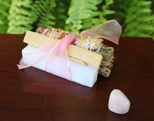 Intention Sets - Lavender with dried flowers and Palo Santo Smudge Sticks and Selenite Stick and medium polished Rose Quartz stone