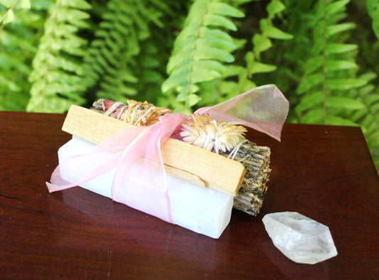 Intention Sets - Lavender with dried flowers and Palo Santo Smudge Sticks and Selenite Stick and medium polished Clear Quartz stone