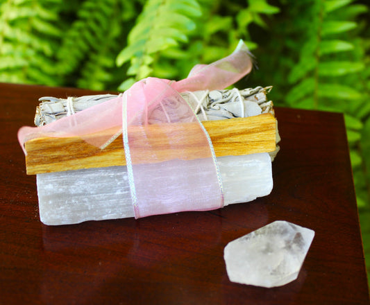 Intention Sets - White Sage Smudge Stick, Palo Santo Smudge Stick, Selenite Stick and Clear Quartz stone bundle