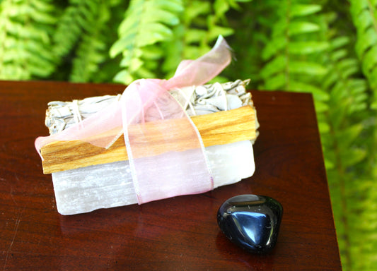 Intention Sets - White Sage Smudge Stick, Palo Santo Smudge Stick, Selenite Stick and Black Obsidian stone bundle