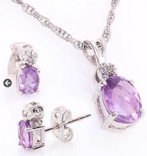 Gem SET Fine Jewelry - Stunning Womens 18K White Gold Over Solid Sterling Silver 3.2 CTW Amethyst 18 Inch Necklace and Earring Diamond Set