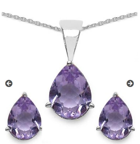 Gem SET Fine Jewelry - Sterling Silver 5.46ctw Amethyst Pear Cut Necklace and Earrings Sets Plated in Rhodium