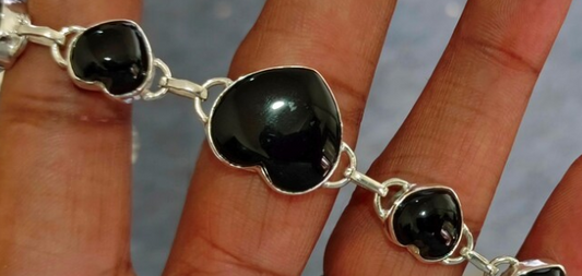 Bracelet - Black Onyx Crystal Stone heart shaped bracelet - sterling silver