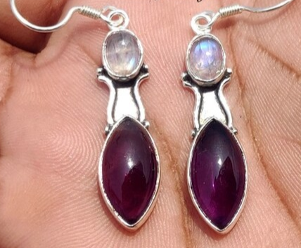 Earrings - Amethyst with Moonstone Crystal Stones - Sterling Silver